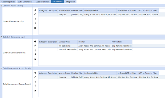 The Data Access tab has three rows that can be expanded to update details in each area: Data Cell Access Security, Data Cell Conditional Input, and Data Management Access Security.